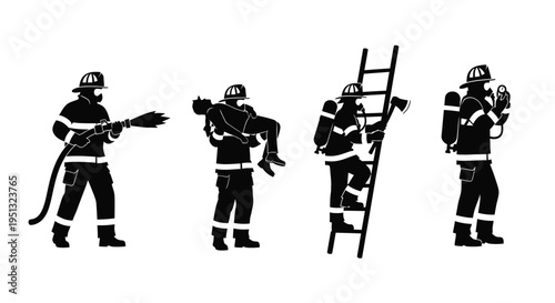 Firefighters in action hose rescue climbing and support a silhouette
