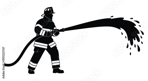 Firefighter directing a water hose in a dramatic black silhouette