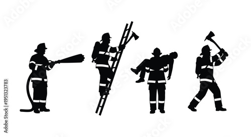 Firefighters in action performing rescue and firefighting duties silhouette