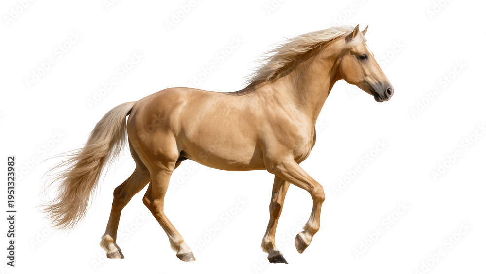 Fototapeta premium Isolated elegant palomino horse trotting gracefully with its beautiful golden coat, flowing mane and tail