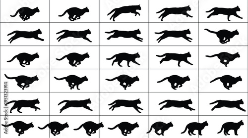 Black cat silhouette running jumping and walking animation frames sprite sheet collection isolated on white background for motion graphics and video game design