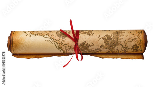 Foto Isolated ancient rolled parchment scroll featuring mythical dragons, old map, and red ribbon bow