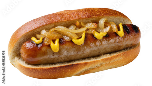 Tableau sur toile Isolated grilled sausage hot dog with mustard and delicious caramelized onions i