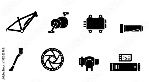 A collection of black electronic and mechanical icons arranged on a clean white background, suitable for use in technical documentation, educational materials, or marketing collateral.