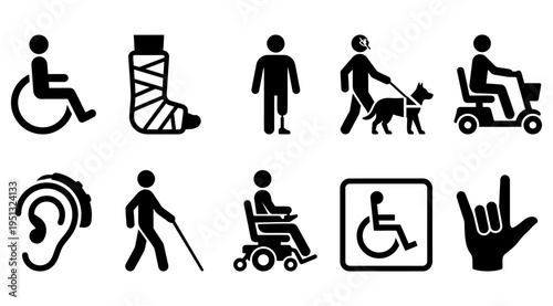A collection of black and white icons representing various disabilities and accessibility symbols, useful for marketing materials, educational resources, and website design.