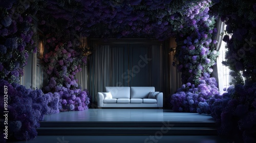 Living room overtaken by deep purple flowers only, luxurious atmosphere, empty podium stage centered, cinematic depth, no empty space elsewhere, 8k realism