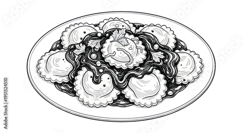 Hand-Drawn Ravioli Dish with Parsley and Sauce Illustration