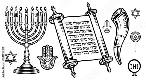 Jewish Hanukkah Symbols: Menorah, Torah Scroll, Shofar, Hamsa, Star of David