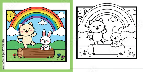 Cute Cartoon Cat and Bunny Playing on Log Under Rainbow and Sun