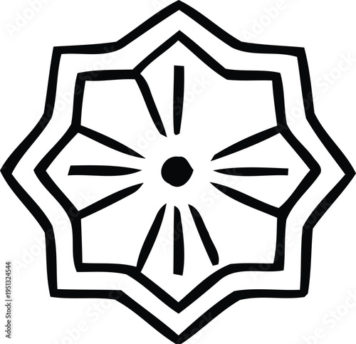 A stylized black and white illustration of a traditional Japanese flower design