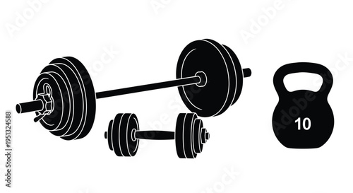 Black fitness equipment including barbells dumbbells and kettlebell silhouette