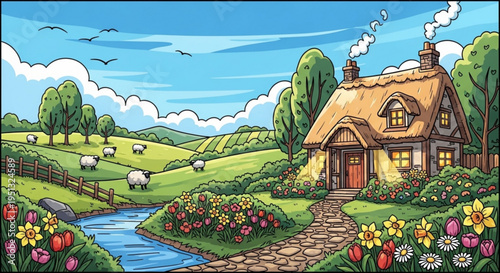 Cozy cottage with thatched roof and garden by a stream in a green landscape with sheep grazing