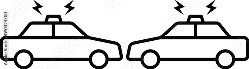 Two cars collision icon with lightning impact symbol, black line accident illustration isolated on white background for traffic crash, insurance, and road safety concepts