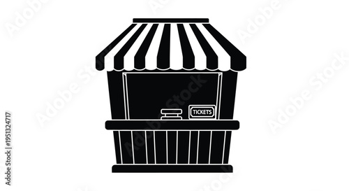 Simple black ticket booth illustration with striped awning silhouette