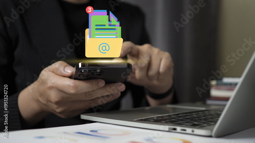 Businessman using smartphone managing digital documents and email notifications, mobile data access, cloud file storage, online communication, workflow management, smart business technology concept