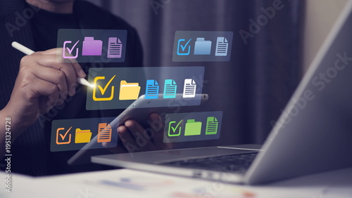 Business professional using tablet and stylus managing digital checklist and document workflow, file organization system, task approval, cloud data management, paperless office 