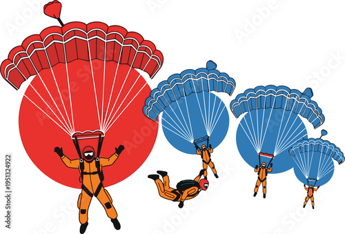 Skydiving Parachute Vector Set with Paratroopers in Action, Extreme Air Sportl Canopies for Adventure, Training and n