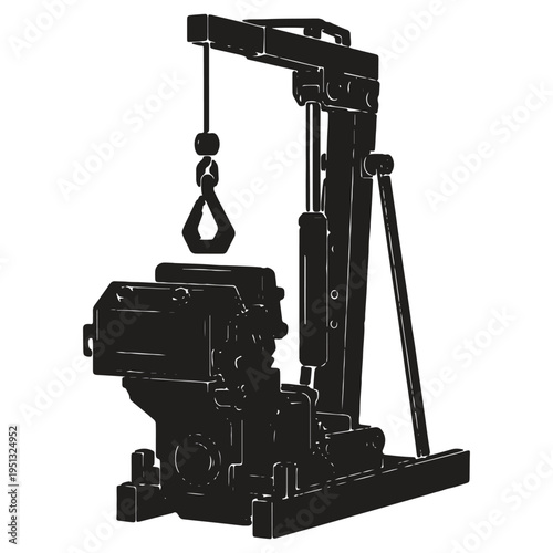 Heavy duty hydraulic crane or lifting machine with hook isolated on transparent background for industrial or construction use