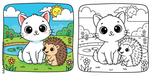 Cute Cartoon Cat and Hedgehog Friends by Pond Under Smiling Sun - Adorable Animal