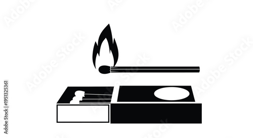 Black silhouette of a burning match and open matchbox illustration