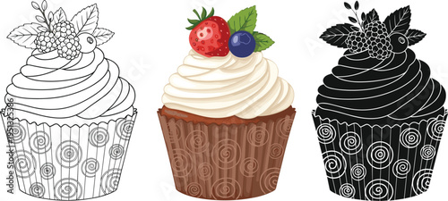 Vector cupcake illustration set with outline, colored, and silhouette styles featuring berry topped frosting deite background for bakery design