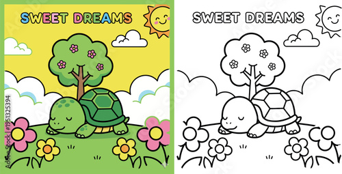 Cartoon Turtle Sleeping Peacefully Under a Tree with Flowers and Smiling Sun