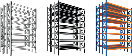 Collection of empty industrial warehouse shelving units presented in outline solid black and colored vector styles ideal for logistics and inventory management concepts