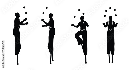 Four jugglers performing with balls depicted in a striking silhouette