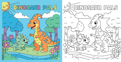 Cute Cartoon Dinosaur Pals in a Sunny Landscape