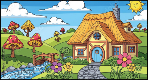 Whimsical cartoon house with thatched roof and blue door on green hill with colorful flowers and mushrooms