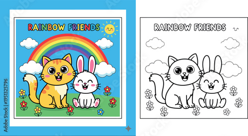 Cute Cartoon Cat and Rabbit Under a Rainbow