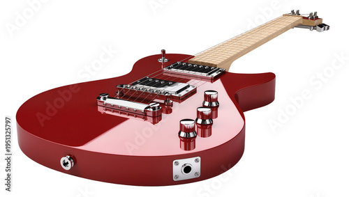Photos Isolated classic red electric guitar with polished chrome hardware and light woo