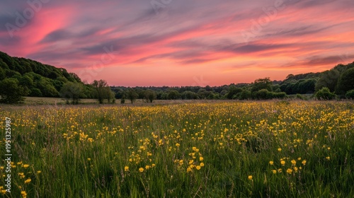 English countryside at sunset with yellow wildflowers and green grass under vibrant pink clouds, peaceful serene landscape with trees, colorful sky and golden hour light showing natural beauty