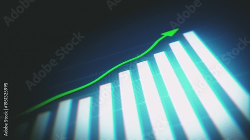 Business Success Reports And Growth Stats Bars On Screen Background
3d business infographics with rising arrow and bar stats appearing, symbolizing growth and success, with glitch and noise digital ef