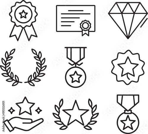 Collection of achievement and award icons in a minimalist style design