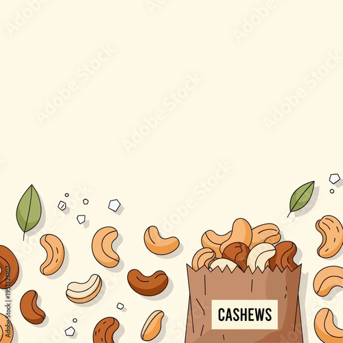 Bag of Cashews with Scattered Nuts and Leaves Illustration