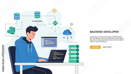 Backend Developer Coding on Laptop with Cloud and Data Systems