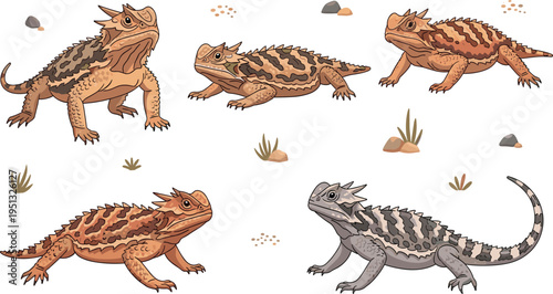 Bearded Dragon Lizard Vector Set Featuring Spiky Texture, Desert Habitat Details, and Multiple Reptile Poses for Wildlife Illustration, Pet Care Education, and Design Projects.