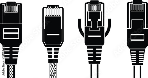 Ethernet cable connectors set RJ45 network plug icons vector illustration black silhouette internet connection technology equipment isolated on white background collection