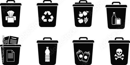 Waste sorting trash bin icons set with paper, plastic, glass, organic, metal and hazardous waste symbols isolated on white background for recycling concept