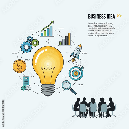 Business Idea Concept with Team Meeting and Symbols