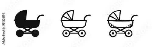 Baby Stroller, Pram, Pushchair Icon Set with Solid, Outline, and Hand-Drawn Styles for Childcare Concepts