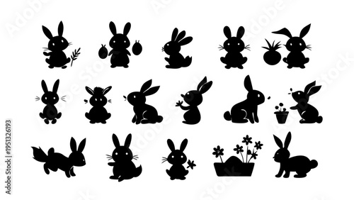 Set of 15 Cute Rabbit Silhouettes for Easter and Spring Design, Black Bunny Icons with Eggs, Flowers and Garden Elements, Minimalist Animal Graphics