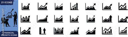 Financial Growth Icons Set with Upward Arrow Charts Analytics Business Profit Trend Graph Data Statistics Investment Performance Vector Collection for Corporate Finance Dashboard Visualization