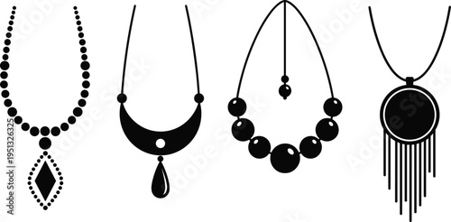 Necklace jewelry icon collection featuring bead pendant statement and tassel necklaces in elegant minimal solid vector style isolated for fashion accessories design