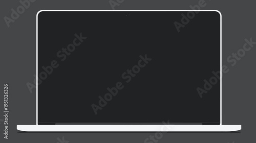 Modern minimalist laptop computer with blank dark screen, isolated on a dark gray background. Generic portable device for technology concepts.