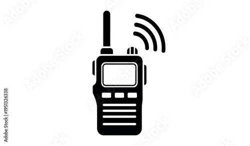 A black and white illustration of a handheld two way radio device with antenna and signal waves