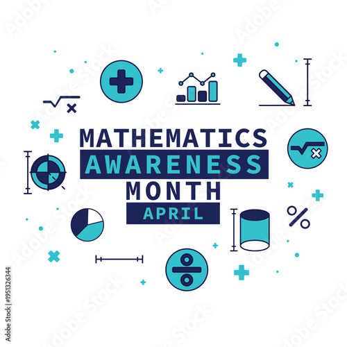 Mathematics Awareness Month Icons Fill Outline Style Blue Cyan Color