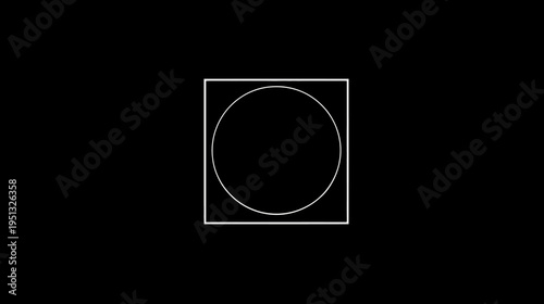 Minimalist white outline square enclosing a circle on a black background. Abstract geometric design concept, modern tech illustration.