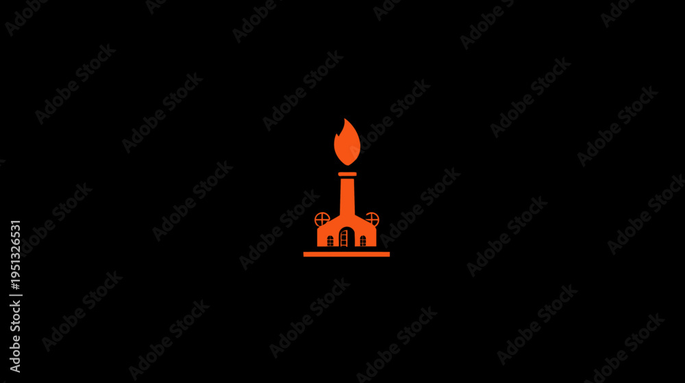 Obraz premium Stylized Industrial Chimney Icon with Flame. Energy and Power Concept. Furnace or Factory Symbol on Black Background.